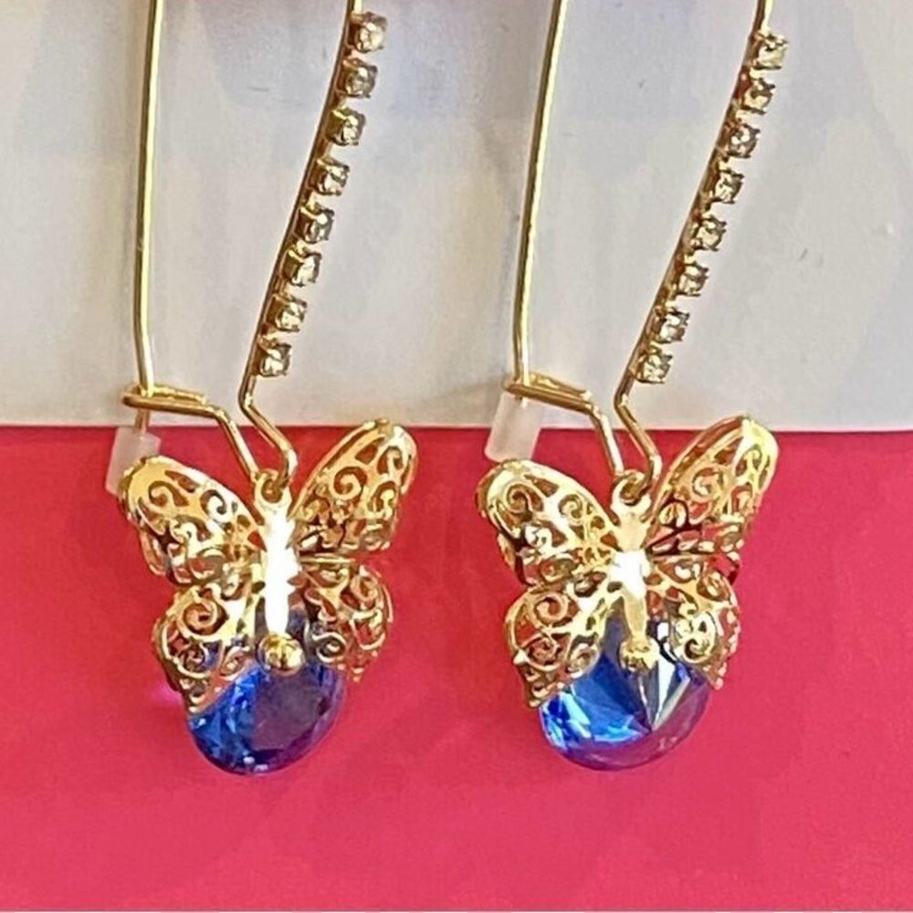Betsey Johnson Gold Butterfly Blue Crystal Rhinestone Drop Dangle Earrings - Picture 6 of 6